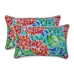 Pillow Perfect Bright Floral Outdoor Throw Accent Pillow, Plush Fill, Weather, and Fade Resistant, Small Lumbar - 11.5" x 18.5", Pink/Blue Garden Blooms, 2 Count