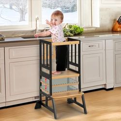 ​COSYLAND Leertoren vanaf 1 Jaar – Kinderstoel van Bamboe – Met Kantelbeveiliging, Antislipmatten, 2 Treden en Veiligheidsbeugel – Voor Keuken en Kinderkamer​ – Verstelbare Hoogte – Naturel/Zwart