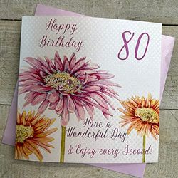 WHITE COTTON CARDS Biglietto d'auguri per 80° Compleanno, Fatto a Mano, Motivo Floreale, Bianco, WBA80, Cotone