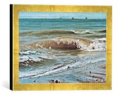 Ingelijste afbeelding van Johann Wilhelm scherm: "Zeebranding met verre schepen aan de kust van de Normandie", kunstdruk in hoogwaardige handgemaakte fotolijst, 40x30 cm, Gold Raya