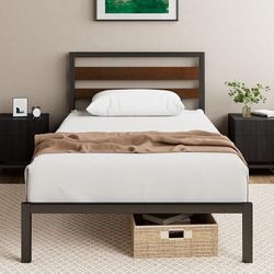 Zinus Bed Kai, 90 x 190 cm, duurzame lattenbodem van bamboe en metaal met hoofdeinde, hoogte 80 cm, metalen bed met lattenbodem, eenvoudige montage, lattenbodem nodig, zwart en bruin