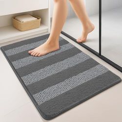 VOUNOT® 2 Pezzi Tappeto Bagno Antiscivolo 60x90 cm, Tappetino Super Assorbente in Ciniglia di Microfibra Extra Spesso a Righe, Lavabile in Lavatrice, Soffice e Morbido, Grigio