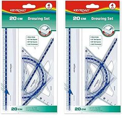 Juego de Reglas Escolares - Regla de 20 cm - Escuadra de 45° - Cartabón de 60° - Transportador de Ángulos 180° - Material de Plástico Resistente - Keyroad (Paquete de 2)