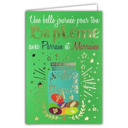 AFIE 69-9043 - Tarjeta de felicitación para tu bautismo cristiano católico hermoso día con padrino madrino palabra en oro dorado brillante grageas +sobre 12 x 17,5 cm – creación de impresión francesa