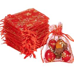 Geschenksäckchen Organza Beutel 100 Stück Organza-säckchen geschenksäckchen Weihnachten Rot 7x9cm Kleine Geschenk Organzabeutel Schneecke Organza Beutelchen mit Kordelzug für Weihnachten