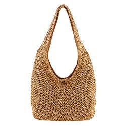 CHIC DIARY Bolso de hombro de paja tejido a mano para mujer, grande, con asas de playa y cremallera, 01-Caqui, Large