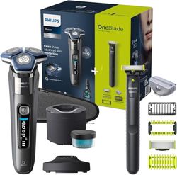 Philips Serie 7000 Afeitadora Eléctrica Hombre, Máquina de Afeitar Barba con Recortadora, 60min de uso, En Seco y Húmedo, Recargable, Centro de Limpieza, Base Carga, OneBlade, Funda, S7887/78, Gris