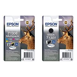 Epson T130 Serie Cervo, Cartuccia Originale Getto D'Inchiostro Durabrite Ultra, Formato Xl, Multipack 3 Colori & T130140 Cartuccia D'Inchiostro Stylus Sx525Wd/Sx620Fw Xl