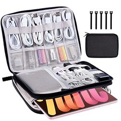 Electronics Organizer, Travel Cable Organizer Bag, SD Card, Portable Double Layers Pouch Gift for Men Electronic Accessories Storage Case with 5 Reusable Cable Ties(Black)