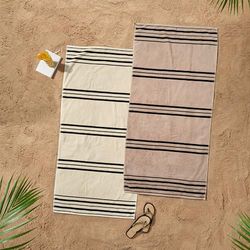 Catherine Lansfield Banded Stripe Cotton 75x150cm Beach Towel Pair Cream/Natural