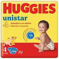 Huggies Unistar Pannolini, Taglia 4 (7-14 Kg), Confezione da 128 pannolini (Base)