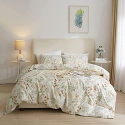 Amwan Påslakanset i bomull, vitt, blommigt elegant bäddset i trädgårdsstil, set i vintagestil med 1 påslakan och 2 örngott, i King size, 264 x 229 cm