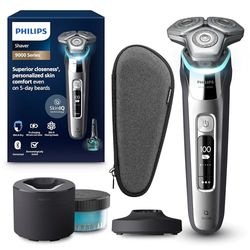 Philips Shaver S9000, rasoio elettrico Wet & Dry, tecnologia Lift & Cut e SkinIQ, rifinitore a scomparsa, custodia per pulizia, supporto ricarica, custodia viaggio, Chrome Silver, modello S9975/54