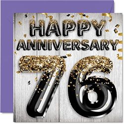 Awesome 76th Anniversary Card for Husband Boyfriend Wife Girlfriend - Black Gold Glitter Balloons - Happy 76 Anniversary Cards from Family, 145mm x 145mm Greeting Cards Seventy-Sixth Anniversaries
