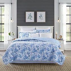 Laura Ashley Juego de Ropa de Cama Reversible de algodón, decoración del hogar para Todas Las Estaciones, Azul Brighton, Blanco, King