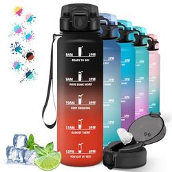 1 liter vattenflaska med sugrör, motiverande vattenflaska med tidsskala, vattenflaska för att dricka, lätt att rengöra, flaskor för sport, vandring, yoga, svart-röd