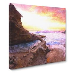 Laguna Beach In California Painting Modern Canvas Wall Art Print Ready to Hang, Framed Picture for Living Room Bedroom Home Office Décor, 20x20 Inch (50x50 cm)