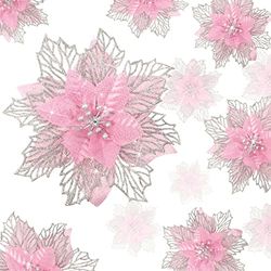 Geosar 36 Piezas de Flores de Pascua de Navidad para decoración de árbol de Navidad Artificial con Purpurina sintética, Adornos de Navidad para Año Nuevo para Recuerdos de Fiesta (Rosa)
