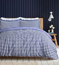 Sleepdown Gingham Check Blue Plain Reverse Soft Easy Care Duvet Cover Quilt Bedding Set With Ruffle Edge Pillowcases - Double (200cm x 200cm)
