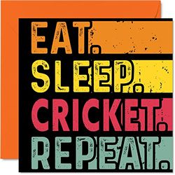 Biglietto di compleanno divertente lei o lui con scritta "Eat Sleep Cricket Repeat" amanti del gioco sportivo 145mm biglietti di auguri di compleanno tutte le occasioni