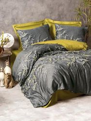 Nuit Des Rêves Luxurious Satin Double Quilt Cover Set (200 x 200 cm), verde e antracite | 100% cotone, stampa reattiva, 2 custodie per pillow, lavabile in lavatrice, design elegante