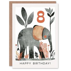 Artery8 Birthday Card Elephant Safari Nature Animal Cartoon Cute 8th 8 Year Old For Child Kids Son Daughter Greeting Card