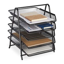 Relaxdays Document, 5 Compartments, Filing System, Mesh, Letter Tray A4, HxWxD: 37.5 x 30 x 35.5 cm, Metal, Black, Steel