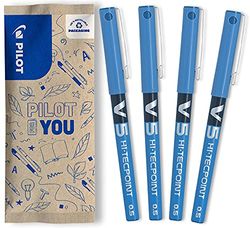PILOT - Caja de 4 V5 - Bolígrafos roller con tinta líquida - Punta de aguja Fina para Escritura Suave y Precisa - Secado rápido, antimanchas - Azul - Punta Fina (0,5mm)