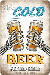DODINO 20 x 30 cm plåtskylt ICE COLD BEER SERVED HERE, dekorativ inredningsdetalj, skylt öl, ölskylt, dekorativ metallskylt skylt för alla bardisk eller pub-ägare