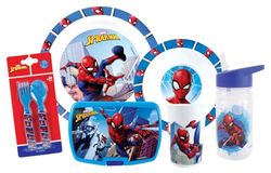 FUN HOUSE Complete set Spiderman lunchbox voor kinderen, 1 glas + 2 borden + bestek + drinkfles en snackbox, officiële licentie, herbruikbaar en magnetronbestendig, Frans merk, cadeau-idee