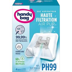 Handy Bag - Sacs aspirateur PH99 x4sacs - Compatibles AEG, Electrolux - 99,99% des poussières retenues - Fermeture facile - Filtre anti-allergène - 60% de matériaux recyclés