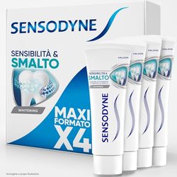 Sensodyne Dentifricio Sensibilità & Smalto Whitening, per Denti Sensibili, Smalto forte, Effetto Sbiancante*,Gusto menta fresca, Pacco da 4x75ml