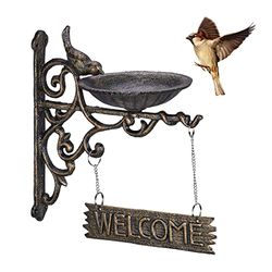 Relaxdays Abbeveratoio per Uccelli in Ghisa, Targhetta “Welcome”, Decorazione da Giardino, Montaggio a Parete, Bronzo, 26.5 x 14 x 22.5 cm