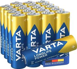 Varta Pilha Longlife Power AA Mignon LR6 (embalagem de 20 unidades), pilha alcalina - "Made in Germany" - adequado para brinquedos, lanternas, comandos e outros aparelhos que funcionam a pilhas