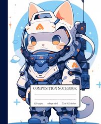 Galactic Feline Adventures College Ruled Notebook: Futuristic Space Cat Blue Cartoon Anime Style | 7.5 x 9.25 Inches | 120 Pages | Gift for Kids Who Dream of Space