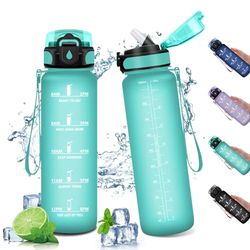 Drinkfles, 1 liter, rietjesfles, lekvrije fles, herbruikbare kunststof fles, sportfles met motiverende tijdweergave, voor fitnessstudio, camping