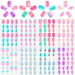 JANYUN 192Pcs Fake Press on Nails for Kids Pre-glue Full Cover Short False Nail Tips Stick on Nails for Kids Children Lovely Gift Girls Nail Art Decoration
