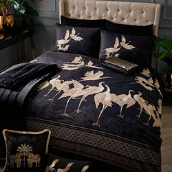 Laurence Llewelyn-Bowen - Black/Gold Duvet Cover Sets - King Bedding Size (220 x 230cm) - Oriental Crane Bird Animal Print - Black Luxury Bedding Design - Kireina Collection