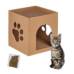 Relaxdays kattenhuis karton, kattenmand met krabplank, bouwpakket, incl. kattenkruid, HxBxD: 30 x 30 x 30,5 cm, bruin