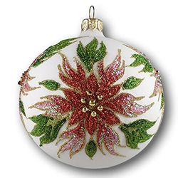 Silverado Natale ornamento fatto di vetro, palla da 10 cm, glitterd poinsettia flower on white