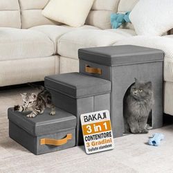BAKAJI Escaliers pour Chiens et Chats 3 en 1 Pliable en Velours néerlandais Gris, échelle pour Animaux domestiques, Multifonction, échelle Compartiment de Rangement et Niche, marches ergonomiques