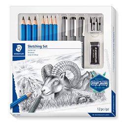 STAEDTLER Tekenset, complete set met 4 premium potloden, 3 premium jumbo-potloden, 3 zwarte fineliners, 1 gum, 1 dubbele puntenslijper en stap instructies, 61 100