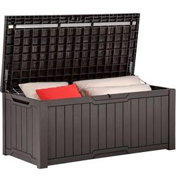 YITAHOME 120 gallon utomhusförvaringsbox, stor uteplats förvaring i harts för utomhuskuddar, trädgårdsverktyg och pooltillbehör, vattentät, låsbar (brun)