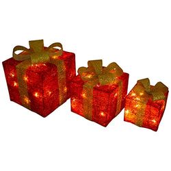 SHATCHI Light Up Christmas Parcels Pre-Lit Battery Operated LED Glitter Sisal/Rattan Xmas Presents Holiday Home Novelty Decorations Set of 3 – Gold/Red/Cream/Tartan, 25cm/20cm/15cm