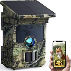 WOLFANG Solcellskamera för vilda djur 4K 30fps 68MP, WiFi Bluetooth spårkamera med mörkerseende rörelseaktiverad 0,1 s triggertid IP66 vattentät spelkamera för övervakning av vilda djur med mikro