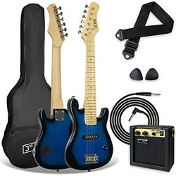 3rd Avenue 1/4 formaat elektrische gitaarpakket voor beginnende kinderen, 5W draagbare versterker, kabel, tas, plectrums en gitaarband - blauw