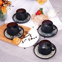 Karaca Le Noir Galactic Reactive Tea Cup Soucoupe Pour 4 300 Ml Vaisselle Réactive Exceptionnelle Et Élégante Forme Organique Auto-Texturée Naturelle Et Saine