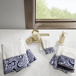 Madison Park Aubrey 100% Cotton Luxurious Bath Towel Set Highly Absorbent, Quick Dry, Jacquard Paisley Design, Hotel & Spa Quality for Bathroom Decor, Multi-Sizes, Navy 6 Count
