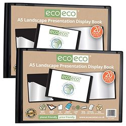 eco-eco A5 50% gerecycled 20 Pocket Zwart Landschap Presentatie Display Book, Opbergkoffer Portfolio Art Folder met plastic mouwen, (Pack van 2), eco094x2