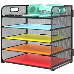 Sinboun Letter Tray Paper Organizer 5-Tier Mesh Desk File Organizer Paper Sorter Holder with Handle, Metal Desktop Document Shelf Tray for Letter/A4 Office Classroom Organization - Black